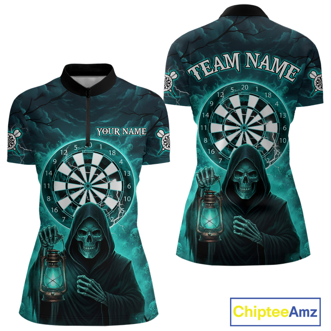 Teal Neon Grim Reaper Lightning Skull Darts League Shirt Custom Skull Women 1/4-Zip Darts Jersey NYN2036