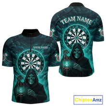 Load image into Gallery viewer, Teal Neon Grim Reaper Lightning Skull Darts League Shirt Custom Skull Men 1/4-Zip Darts Jersey NYN2036