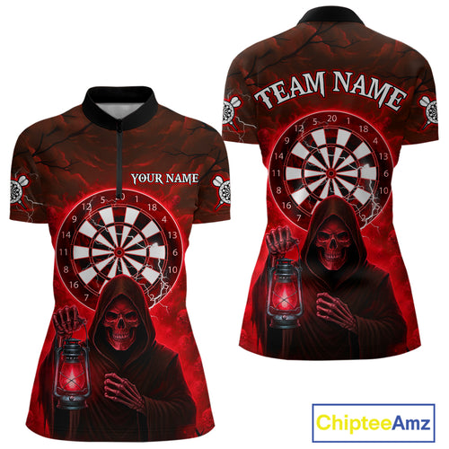 Red Neon Grim Reaper Lightning Skull Darts League Shirt Custom Skull Women 1/4-Zip Darts Jersey NYN2037