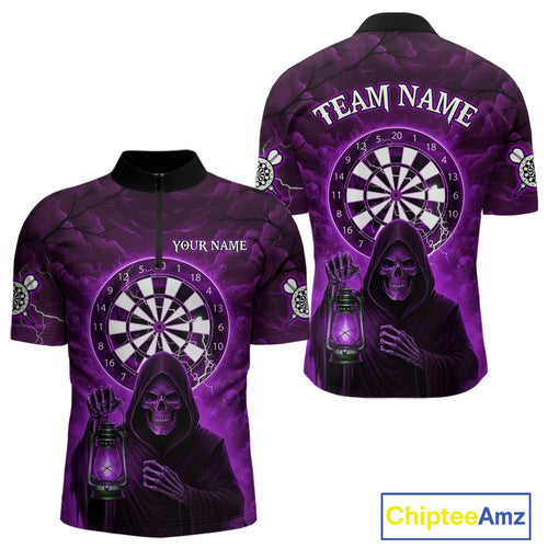 Purple Neon Grim Reaper Lightning Skull Darts League Shirt Custom Skull Men 1/4-Zip Darts Jersey NYN2038