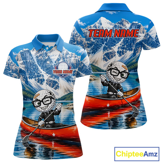 Polo shirt with mountain and canoe design, featuring a cartoon character.