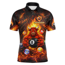 Load image into Gallery viewer, Fire Flame Funny Bull Plays Pool Ball Billiard Shirt For Men Custom 8 Ball Billiard Team Attire NYN2565