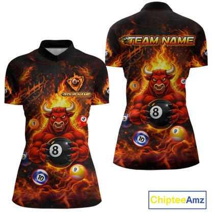Fire Flame Funny Bull Plays Pool Ball Billiard Shirt For Women Custom 8 Ball Billiard Team Attire NYN2565
