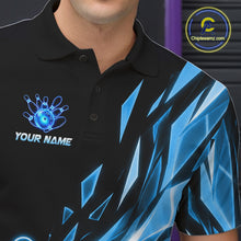 Load image into Gallery viewer, Male bowler wearing Fire Flame Bowling Ball And Pins blue broken glass bowling jersey custom team apparel
