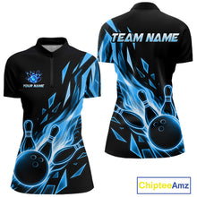 Load image into Gallery viewer, Fire Flame Bowling Ball And Pins Bowling Quarter-Zip Shirt For Women Custom Blue Broken Glass Bowling Jersey
