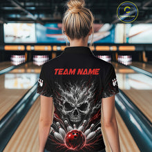 Load image into Gallery viewer, Female bowler wearing Red And Grey Smokes Horror Skull bowling jersey custom bowling league apparel