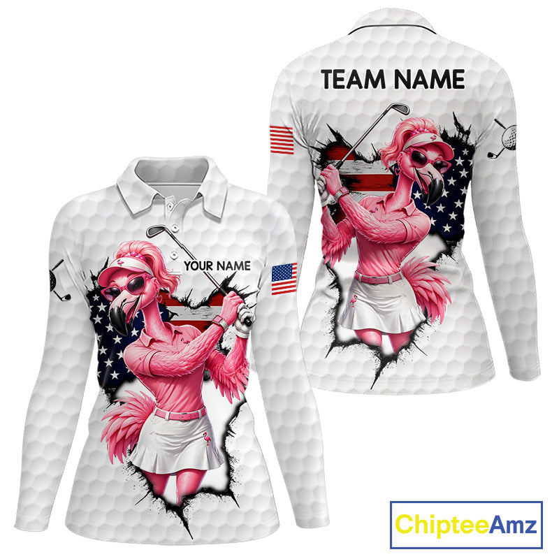 Personalized Funny Flamingo Ladies Golf White Womens Patriot Golf Polo Shirts Custom US Flag Golf Gifts NYN3149