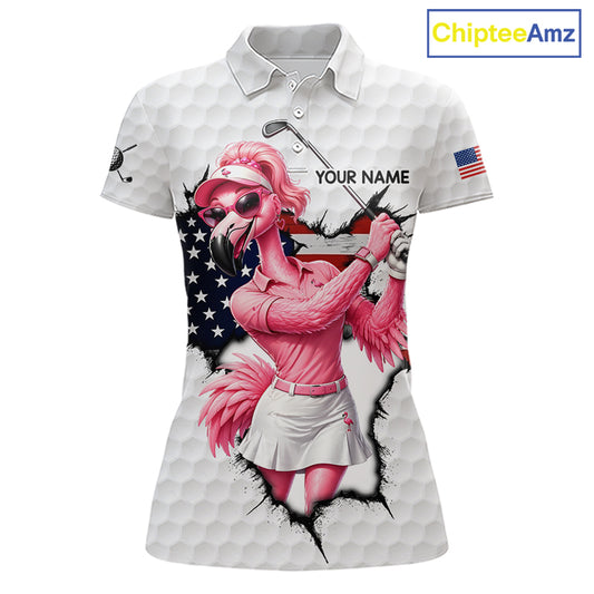 Personalized Funny Flamingo Ladies Golf White Womens Patriot Golf Polo Shirts Custom US Flag Golf Gifts NYN3149