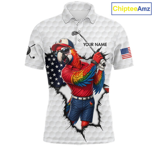 Custom Funny Cool Parrot White Golf Ball Mens Patriot Golf Polo Shirts Custom US Flag Golf Gifts NYN3150