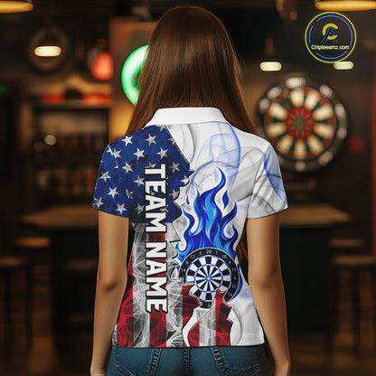 Blue Flaming Dartboard Custom US Flag Smoke Women Dart Polo & 1/4-Zip Shirt Gifts For Dart Players NYN3339