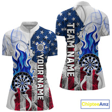 Load image into Gallery viewer, Blue flaming dartboard smoke dart 1/4-zip shirt for women custom dart clothing