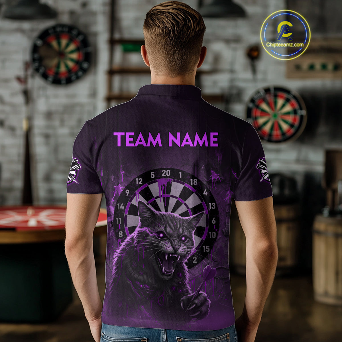 Funny Cat Purple Dripping Dartboard Custom Men's Polo Darts Shirt Outfits Darts Jersey NYN1802