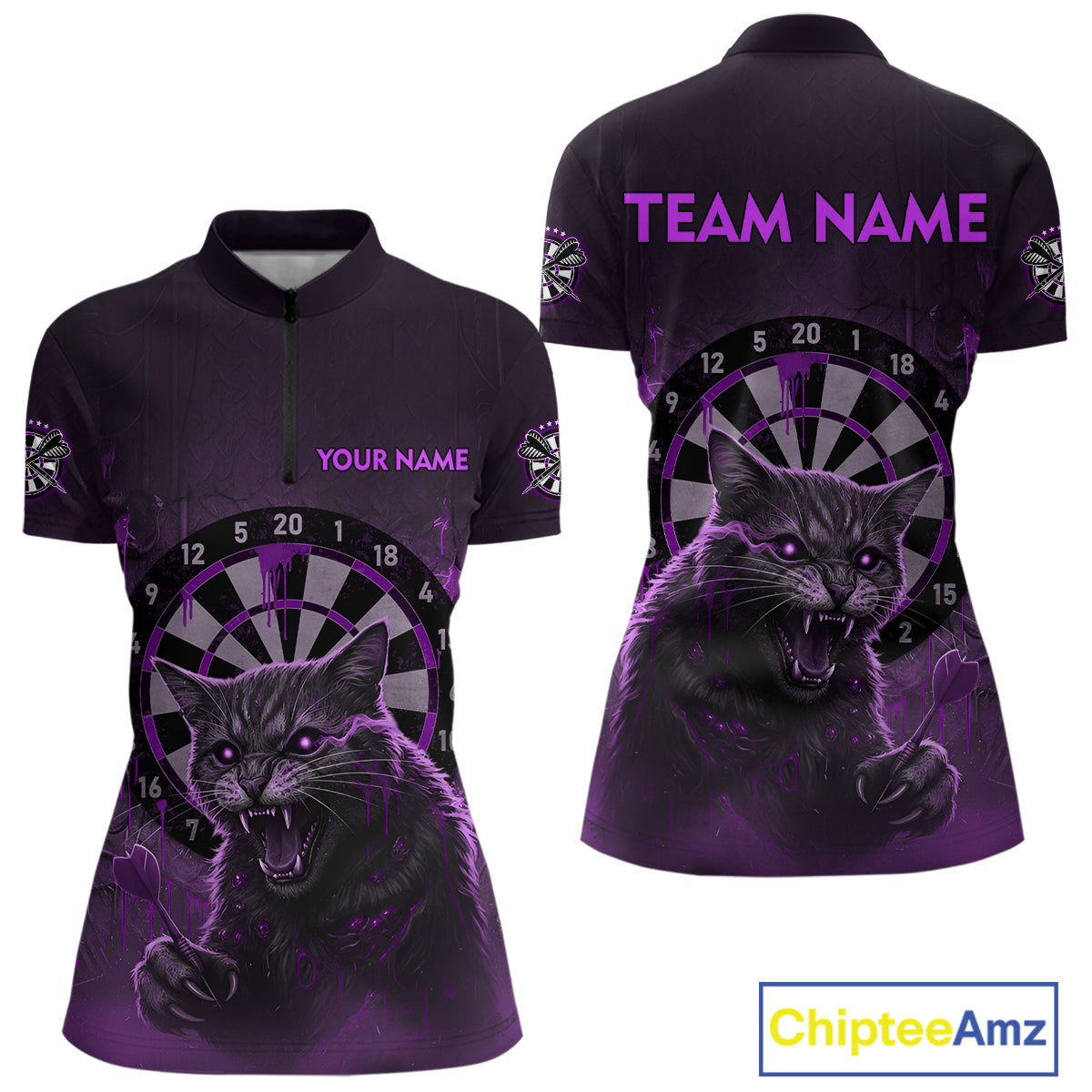 Funny Cat Purple Dripping Dartboard Custom Women Quarter-Zip Darts Shirt Outfits Darts Jersey NYN1802