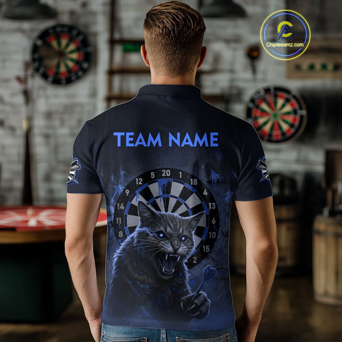 Funny Cat Blue Dripping Dartboard Custom Men's Polo Darts Shirt Outfits Darts Jersey NYN1803