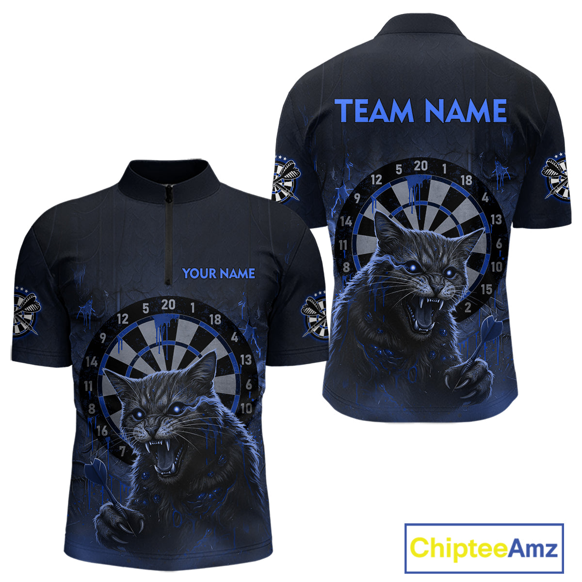 Funny Cat Blue Dripping Dartboard Custom Men's Quarter-Zip Darts Shirt Outfits Darts Jersey NYN1803