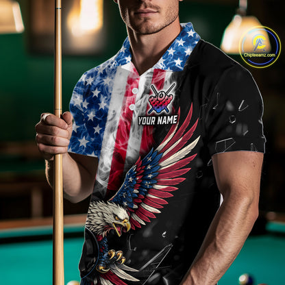 US Flag Smoke Eagle 8 Ball Pool Billiard Shirt For Men Custom Broken Glass Billiard Team Attire NYN2743