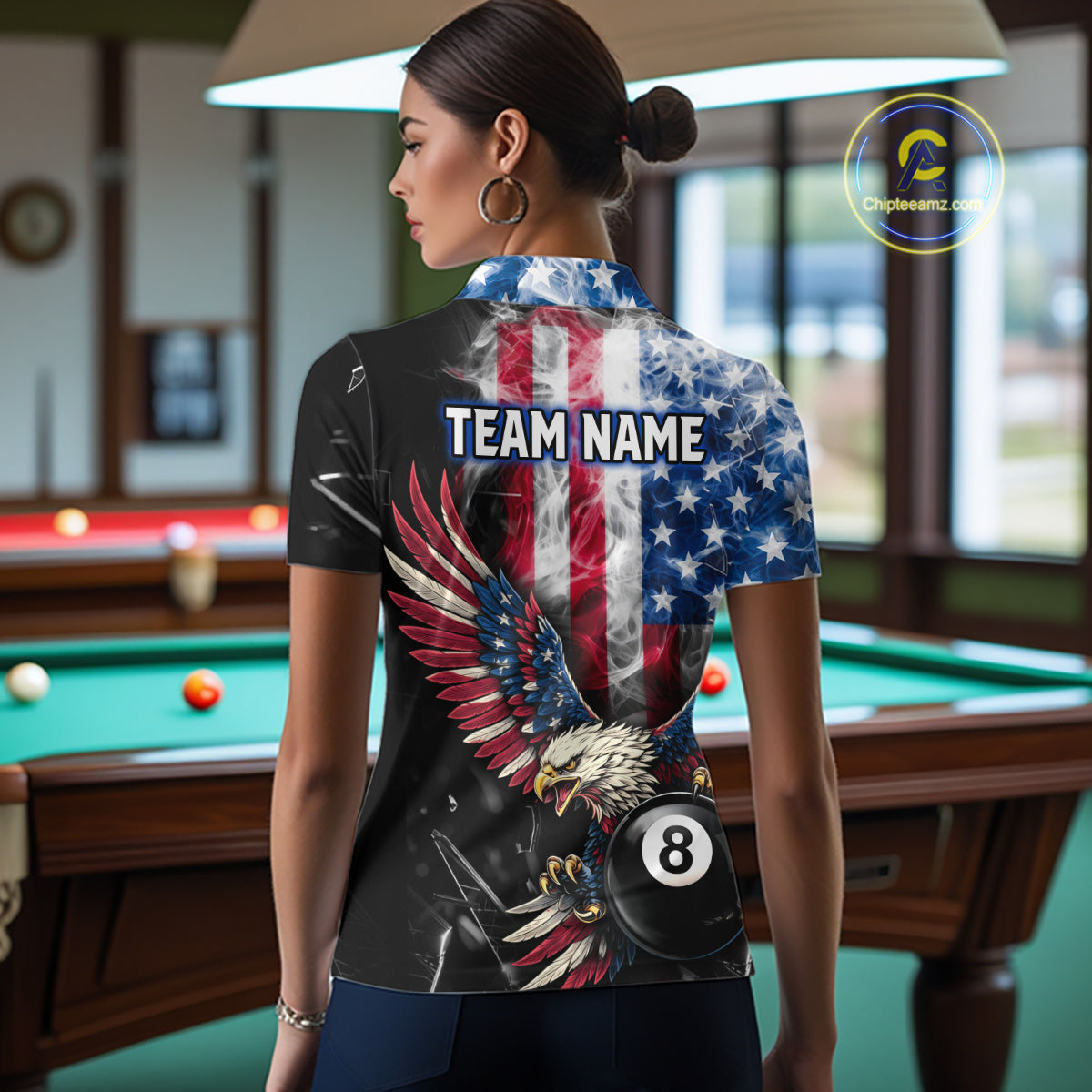 US Flag Smoke Eagle 8 Ball Pool Billiard Shirt For Women Custom Broken Glass Billiard Team Attire NYN2743