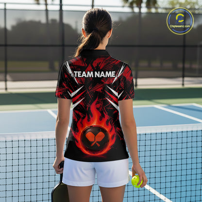 Custom Red Grunge Fire Flame Pickleball Ball & Paddle T-Shirt For Women Outfits Pickleball Jersey NYN2576