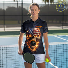 Load image into Gallery viewer, Custom US Flag Skull Fire Flame Pickleball Ball &amp; Paddle T-Shirt Pickleball Jersey For Women NYN2579