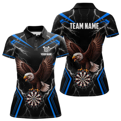 Thunder Lightning Eagle Dartboard Women's Dart Polo Shirt, Blue Personalized Dart Team Jersey, Patriotic Eagle Performance Polo, Strength, Victory