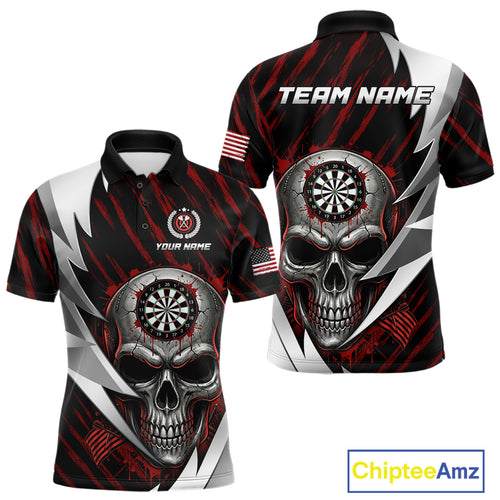 Silver Skull Red Grunge US Flag Men Darts Polo Shirt Custom Name Dart League Jerseys NYN2061