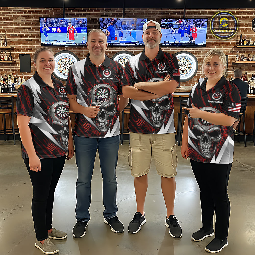 Silver Skull Red Grunge US Flag Women Darts Quarter-Zip Shirt Custom Name Dart League Jerseys NYN2061