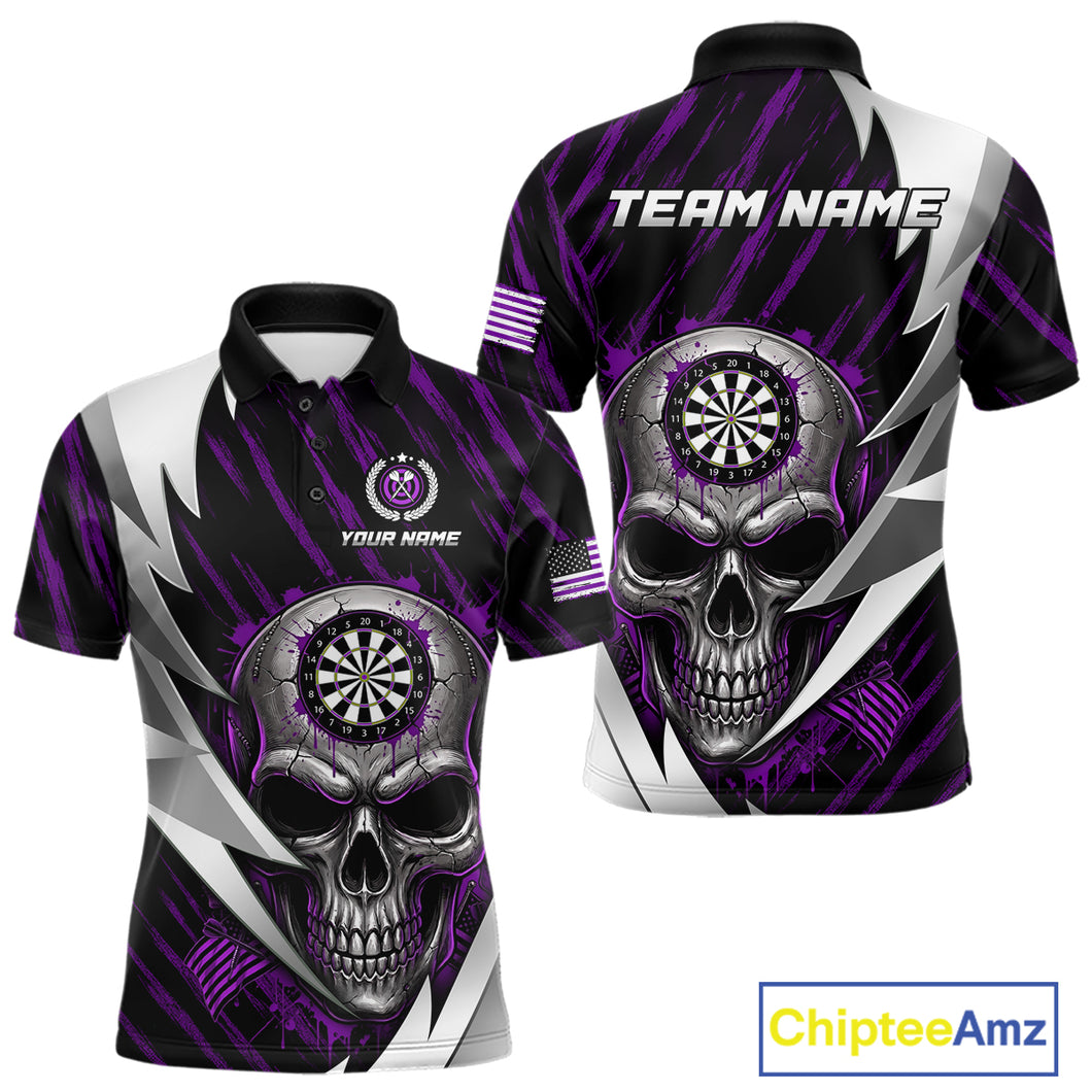 Silver Skull Purple Grunge US Flag Men Darts Polo Shirt Custom Name Dart League Jerseys NYN2062