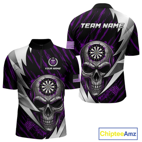 Silver Skull Purple Grunge US Flag Men Darts Quarter-Zip Shirt Custom Name Dart League Jerseys NYN2062