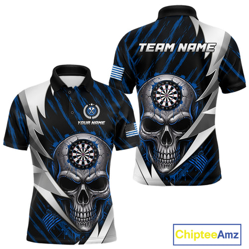 Silver Skull Blue Grunge US Flag Men Darts Polo Shirt Custom Name Dart League Jerseys NYN2063