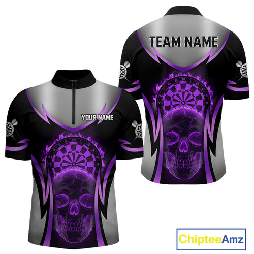 Silver Purple Flaming Skull Dartboard Men Darts Quarter-Zip Shirt Custom Team Dart League Jerseys NYN2070