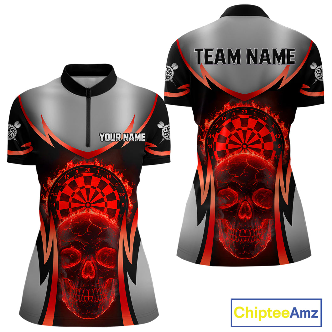 Silver Red Flaming Skull Dartboard Women Darts Quarter-Zip Shirt Custom Team Dart League Jerseys NYN2071