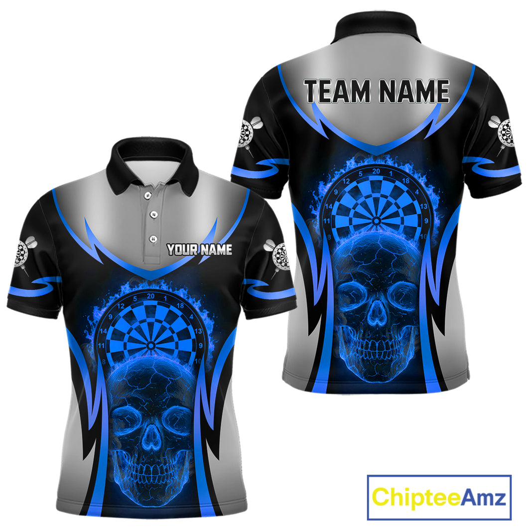 Silver Blue Flaming Skull Dartboard Men Darts Polo Shirt Custom Team Dart League Jerseys NYN2072