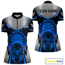 Load image into Gallery viewer, Silver Blue Flaming Skull Dartboard Women Darts Quarter-Zip Shirt Custom Team Dart League Jerseys NYN2072