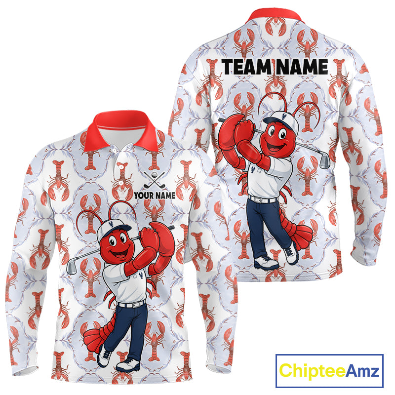 Personalized Lobster men's golf polo shirt, funny lobster golfer, moisture-wicking golf apparel, golf team jersey, beach golf tournament