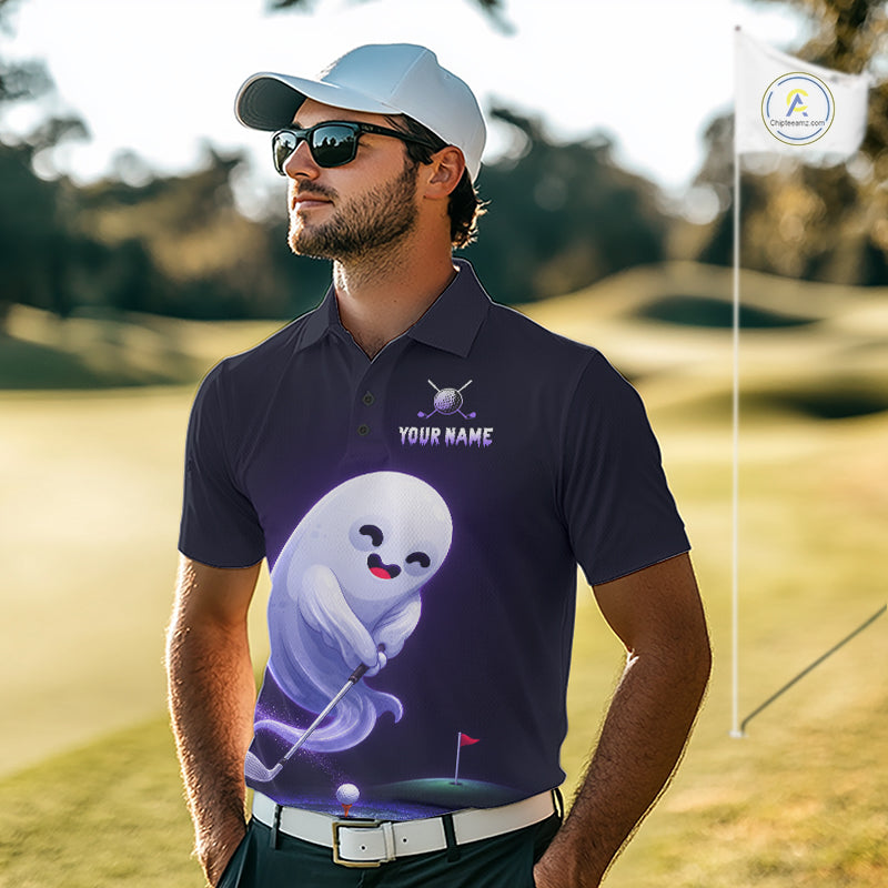Male golfer wearing Purple Ghost golf polo, Halloween golf clothing, golf tournament apparel, golf club uniform