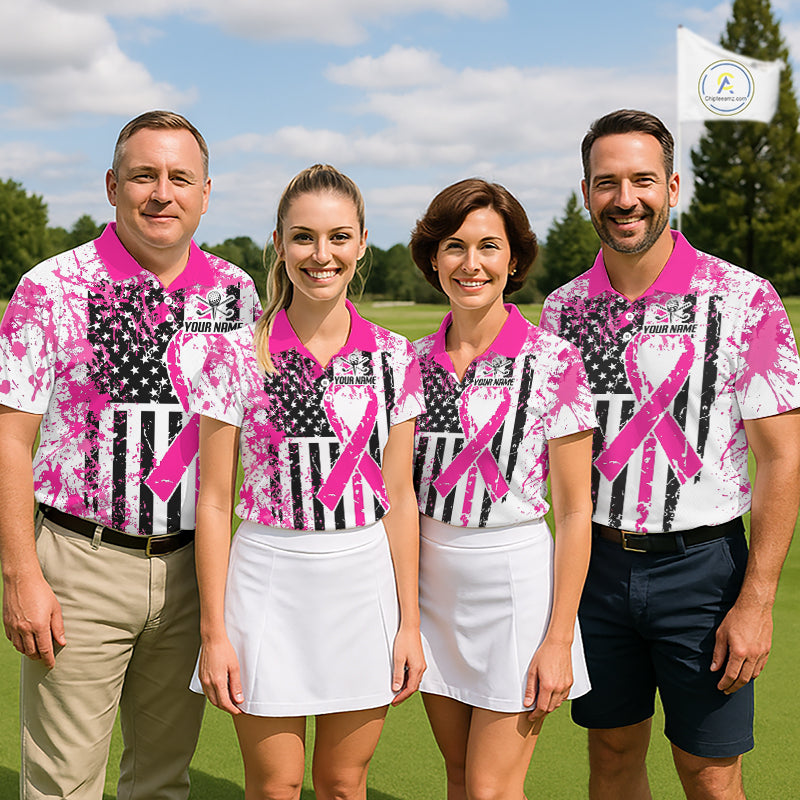 American Flag Splatter Pink Men Golf Polo Shirt Custom Breast Cancer Golf Team Outfits NYN3386
