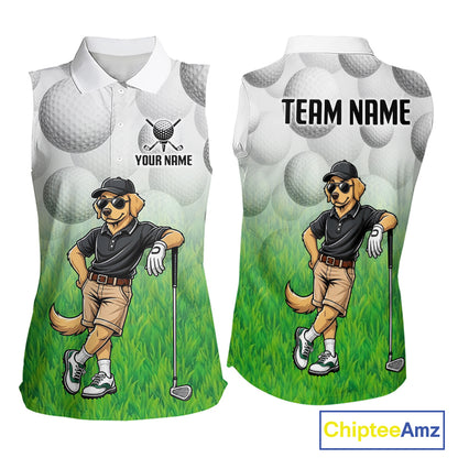 Funny golden retriever womens golf sleeveless polo shirt golf outfit