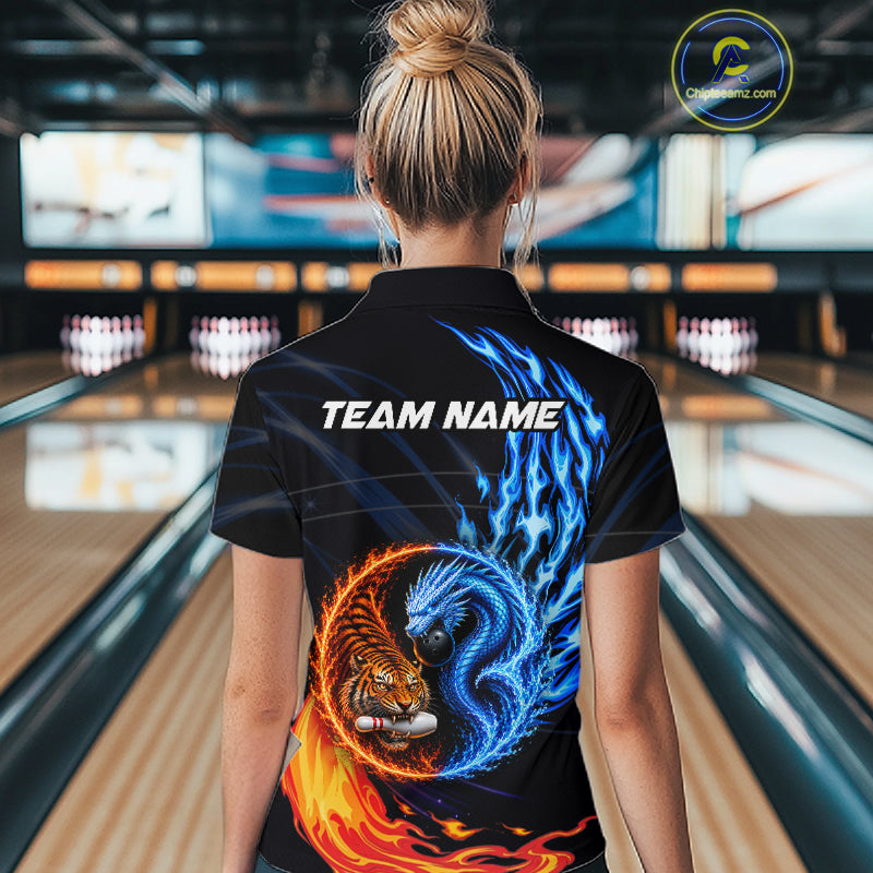 Female bowler wearing Dragon Tiger bowling polo, mythological sports apparel