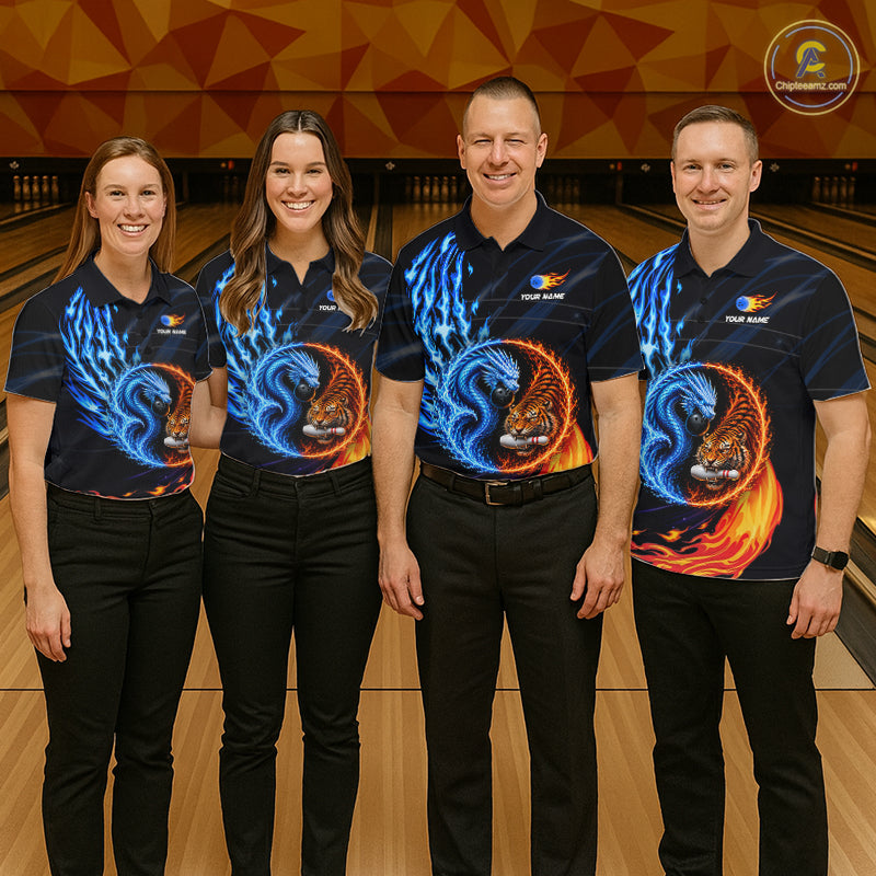 Women's bowling team wearing Dragon & Tiger Blue Red Flame Bowling Polo & Quarter-Zip shirts, personalized bowling jerseys for league night and championship tournaments