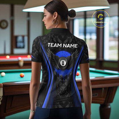 Blue Dripping Wings 8 Ball Billiard Polo 1/4-Zip Shirt For Women Custom Billiard Pool Team Jersey NYN3943