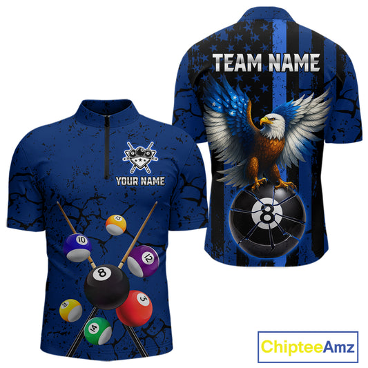 Eagle Crack 8 Ball Pool Men Billiard Team Shirt Custom Polo & 1/4-Zip Billiard Apparel|Blue NYN2382