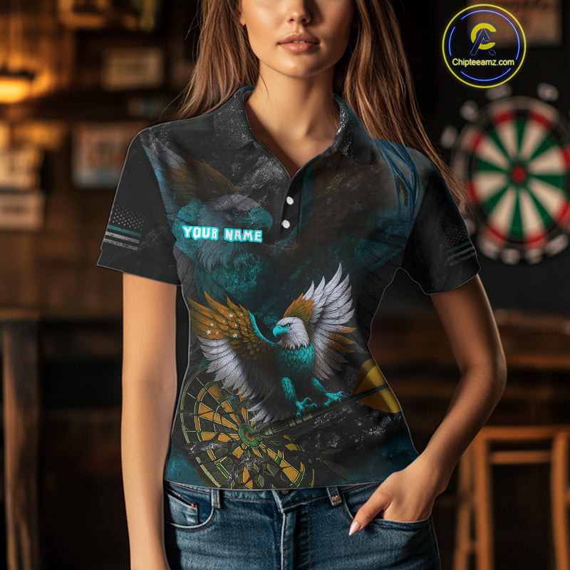 US Flag Eagle Cracked Dartboard Turquoise Women's Darts Shirt Custom Name For Players | Opt2 NYN0691