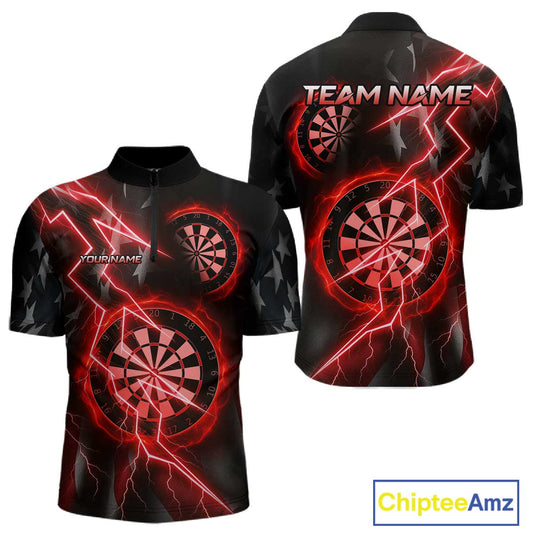 Custom Lightning Red And Black Darts 1/4-Zip Shirt For Men Darts Tournament Jerseys NYN0950