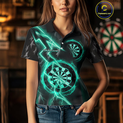 Custom Lightning Turquoise And Black Darts Polo Shirt For Women Darts Tournament Jerseys NYN0952