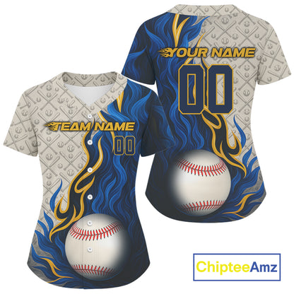 Custom Yellow And Blue Flames Baseball Ball Shirt For Women Youth Baseball Team Jerseys NYN1329