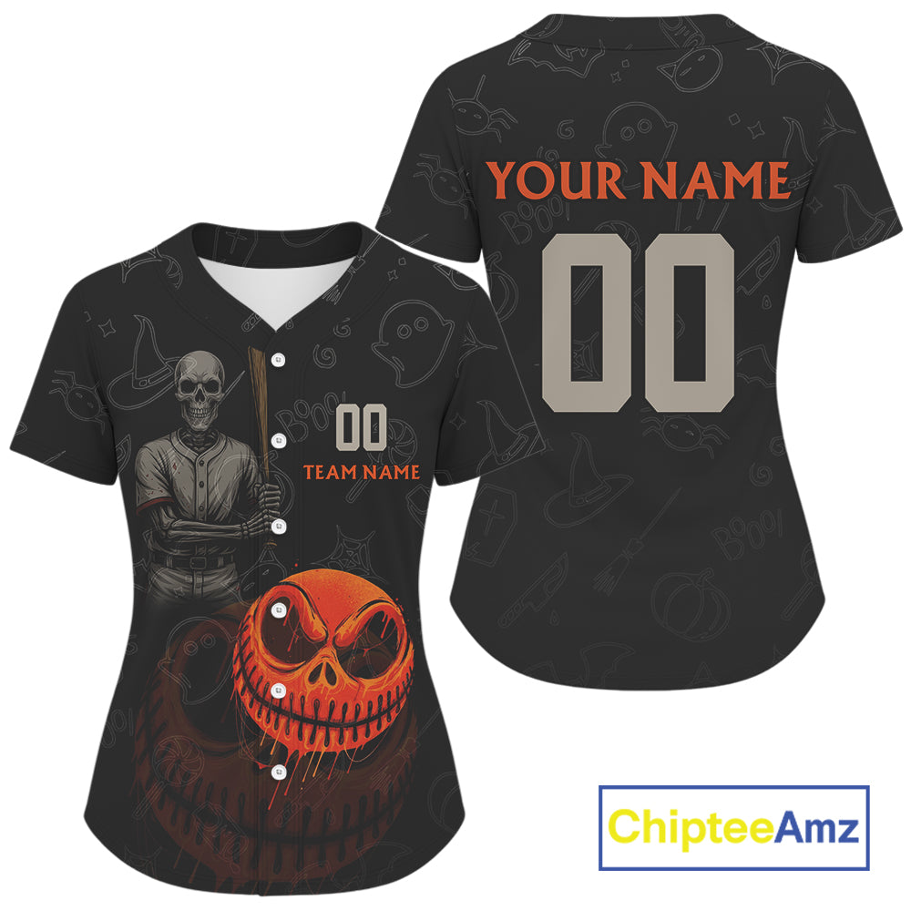 Custom Funny Halloween Women Baseball Ball Jersey Skull Halloween Baseball Tournament Shirt NYN0962