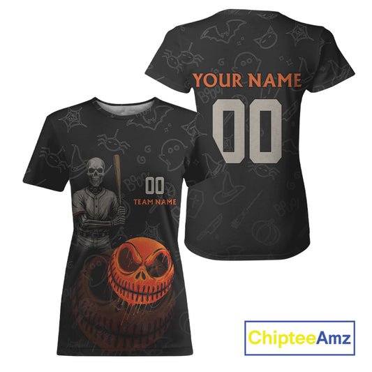 Custom Funny Halloween Women Baseball Ball T-Shirt Skull Halloween Baseball Tournament Shirt NYN0962