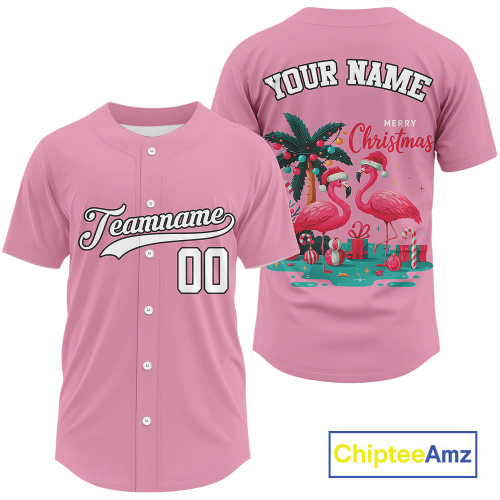 Custom Pink Flamingo Merry Christmas Baseball Shirt For Men Xmas Baseball Jerseys NYN1355