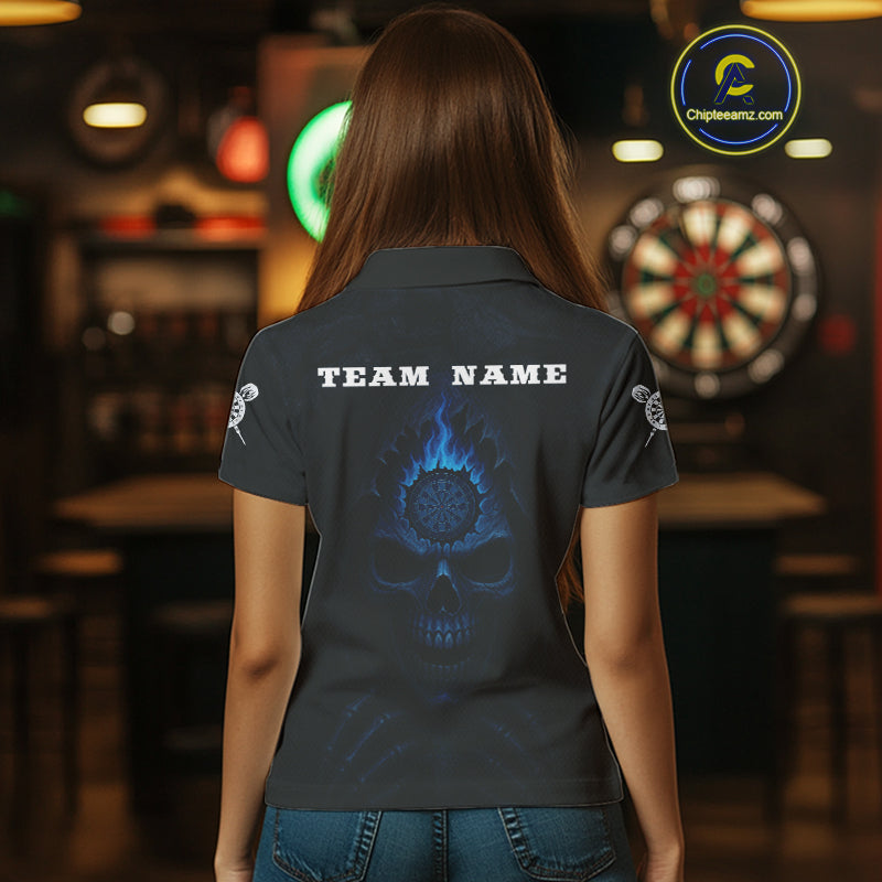 Blue Flaming Dartboard In Grim Reaper Women's Team Shirt - Custom Name For Darts Jersey NYN0514
