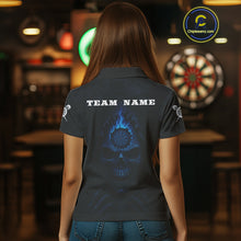 Load image into Gallery viewer, Blue Flaming Dartboard In Grim Reaper Women's Team Shirt - Custom Name For Darts Jersey NYN0514